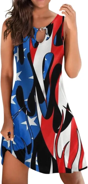 ZYXTIM Women's Casual Summer Sleeveless Dresses American Flag Star Vertical Striped Flowy Swing Shift Dress Boho Tank Dress